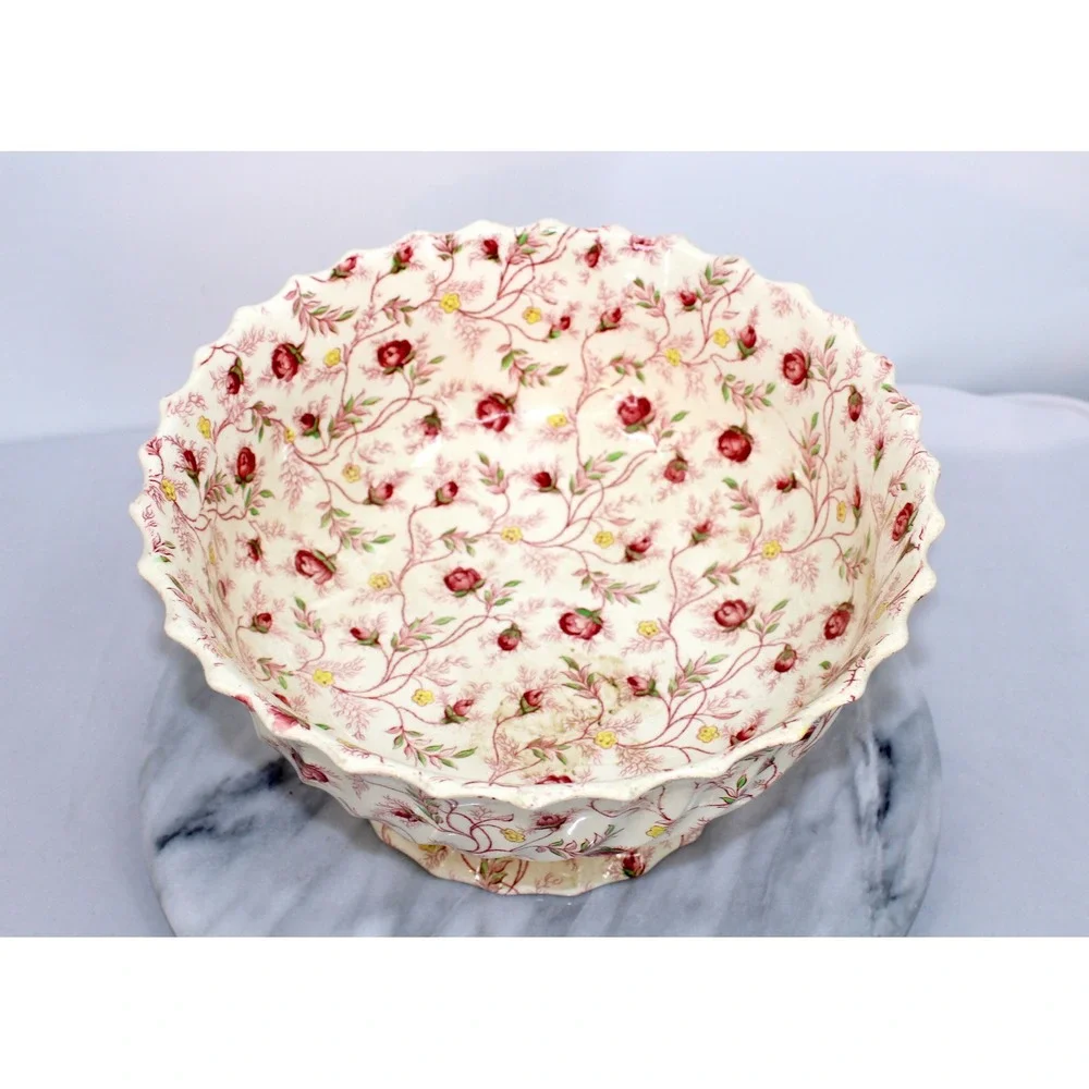 Spode England Rosebud Chintz Footed Punch Bowl Scalloped Floral Vintage 10 inch